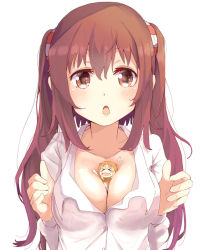 Rule 34 | 10s, 2girls, between breasts, blush, breasts, brown eyes, brown hair, cleavage, doma umaru, ebina nana, hamster costume, hashibuto, himouto! umaru-chan, komaru (himouto! umaru-chan), large breasts, long hair, looking at viewer, mini person, minigirl, multiple girls, person between breasts, shirt, simple background, twintails, white background