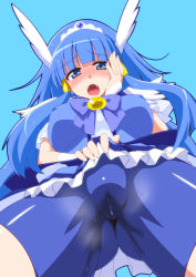Rule 34 | 10s, 1girl, aoki reika, aqua background, bike shorts, blue dress, blue eyes, blue hair, blue skirt, blue theme, blush, cameltoe, clothes lift, cure beauty, dress, dress lift, eyelashes, from below, hair tubes, hand on own face, head wings, long hair, looking down, magical girl, matching hair/eyes, mikagami sou, open mouth, peeing, peeing self, precure, simple background, skirt, smile precure!, solo, tiara, wet, wet clothes, wings, wrist cuffs