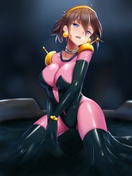 Rule 34 | 1girl, absurdres, blue eyes, bodysuit, breasts, brown hair, covered erect nipples, elbow gloves, g gundam, gloves, gundam, hairband, highres, j.c.14, large breasts, latex, latex suit, looking at viewer, mobile trace suit, open mouth, pink bodysuit, rain mikamura, shiny clothes, short hair, skin tight, solo