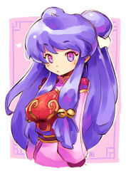 Rule 34 | 1girl, andrewcockroach, blush, china dress, chinese clothes, closed mouth, double bun, dress, hair bun, looking at viewer, pink dress, purple eyes, purple hair, ranma 1/2, shampoo (ranma 1/2), solo