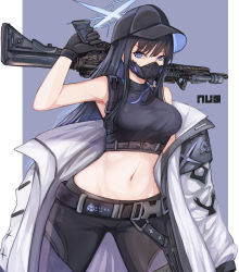 Rule 34 | 1girl, absurdres, arm up, bare shoulders, baseball cap, belt, black belt, black gloves, black hair, black hat, black pants, blue archive, blue eyes, breasts, commentary, cowboy shot, crop top, gloves, gun, hat, highres, holding, holding gun, holding weapon, large breasts, leggings, long hair, long sleeves, looking at viewer, mask, midriff, mouth mask, navel, nui gurumi, over shoulder, pants, rifle, saori (blue archive), solo, standing, stomach, very long hair, weapon, weapon over shoulder