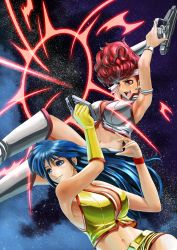 Rule 34 | 1980s (style), 2girls, abazu-red, armlet, blue eyes, blue hair, boots, breasts, cleavage, crop top, curly hair, dirty pair, earrings, energy gun, gloves, grey footwear, grey gloves, grey shirt, grey shorts, headband, highres, jewelry, kei (dirty pair), knee boots, large breasts, long hair, looking to the side, midriff, multiple girls, navel, oldschool, open mouth, ray gun, red eyes, red hair, retro artstyle, shirt, short hair, short shorts, shorts, sky, sleeveless, sleeveless shirt, smile, star (sky), starry sky, weapon, wristband, yellow footwear, yellow gloves, yellow shirt, yellow shorts, yuri (dirty pair)