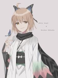 Rule 34 | 1girl, ahoge, bad id, bad pixiv id, black scarf, blonde hair, bow, bug, butterfly, butterfly hair ornament, butterfly on hand, character name, cosplay, fate (series), grey background, hair ornament, haori, insect, japanese clothes, kimetsu no yaiba, kimono, kochou shinobu, kochou shinobu (cosplay), koha-ace, looking at viewer, okita souji (fate), okita souji (koha-ace), oshage (osyage921), scarf, short hair, simple background, solo, standing, upper body, white bow, white kimono