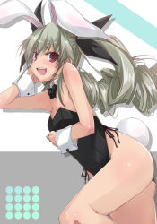 Rule 34 | 10s, 1girl, anchovy (girls und panzer), animal ears, bare shoulders, blush, bow, bowtie, detached collar, drill hair, fake animal ears, girls und panzer, green hair, hair ribbon, long hair, looking at viewer, open mouth, playboy bunny, rabbit ears, rabbit tail, red eyes, ribbon, solo, tail, teeth, twin drills, twintails, wrist cuffs, yumesato makura