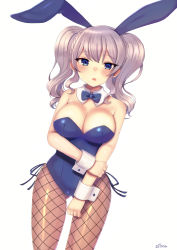 Rule 34 | 1girl, alternate costume, animal ears, blue eyes, blue leotard, bow, bowtie, breasts, detached collar, fake animal ears, fishnet pantyhose, fishnets, kantai collection, kashima (kancolle), large breasts, leotard, pantyhose, playboy bunny, rabbit ears, side-tie leotard, sidelocks, silica (silica silylate), silver hair, simple background, solo, standing, strapless, strapless leotard, twintails, wavy hair, white background, wrist cuffs