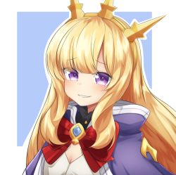 Rule 34 | 1girl, blue background, border, bow, bowtie, breasts, cagliostro (granblue fantasy), cape, cleavage, crown, granblue fantasy, highres, klaius, long hair, looking at viewer, outline, parted lips, purple cape, purple eyes, red bow, red bowtie, small breasts, smile, solo, white border, white outline