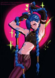 Rule 34 | 1girl, arcane: league of legends, arcane jinx, arm tattoo, armpits, arms up, asymmetrical bangs, bare shoulders, black background, blue hair, braid, breasts, cloud tattoo, commentary, crop top, english commentary, fingerless gloves, gloves, highres, holding, holding own hair, jinx (league of legends), league of legends, long hair, looking at viewer, navel, pants, pink background, shoulder tattoo, small breasts, snegovski, solo, stomach, stomach tattoo, striped clothes, striped pants, tattoo, twin braids, very long hair