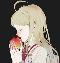 Rule 34 | 1girl, absurdres, ahoge, akamatsu kaede, apple, backpack, bag, black background, blonde hair, closed eyes, collared shirt, colored eyelashes, danganronpa (series), danganronpa v3: killing harmony, eating, food, fortissimo, from side, fruit, hair ornament, highres, holding, holding food, holding fruit, long hair, long sleeves, mimulishizi, musical note, musical note hair ornament, necktie, open mouth, pink vest, red necktie, shirt, simple background, smile, solo, teeth, upper body, upper teeth only, vest, white bag, white shirt, white sleeves