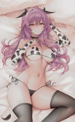 Rule 34 | 1girl, animal ears, animal print, bed, bed sheet, bikini, bikini top only, breasts, brown eyes, cameltoe, cleavage, cleft of venus, cow ears, cow girl, cow horns, cow print, cow tail, highleg, highleg panties, highres, hiiragi shinoa, horns, large breasts, long hair, looking at viewer, lying, navel, on back, owari no seraph, panties, parted lips, pillow, purple hair, smile, solo, swimsuit, tail, thick thighs, thighhighs, thighs, underwear, yuunoaboi21