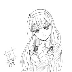 Rule 34 | 1girl, character name, darling in the franxx, dated, hairband, highres, horns, long hair, looking at viewer, monochrome, necktie, scottmohechi, simple background, sketch, solo, uniform, upper body, zero two (darling in the franxx)