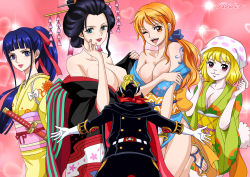 Rule 34 | 2boys, 3girls, black hair, blonde hair, breasts, carrot, carrot (one piece), cleavage, dress, highres, japanese clothes, kikunojo (one piece), kimono, large breasts, long dress, multiple boys, multiple girls, nami (one piece), nico robin, one piece, orange hair, raid suit, sanji (one piece), smile