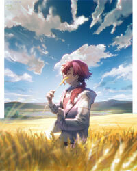 Rule 34 | 1girl, aki (neyuki41028), artist name, blue sky, blurry, blurry foreground, book, border, chromatic aberration, closed eyes, closed mouth, cloud, cloudy sky, collared shirt, day, field, gundam, gundam suisei no majo, highres, holding, holding book, hood, hood down, hoodie, horizon, jacket, light particles, long hair, long sleeves, low-tied long hair, low ponytail, mountainous horizon, open clothes, outdoors, outside border, pillarboxed, red hair, red vest, revision, shirt, signature, sky, solo, spoilers, suletta mercury, thick eyebrows, twitter username, vest, wheat, wheat field, white border, white hoodie, white shirt