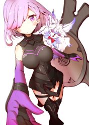 Rule 34 | 1girl, absurdres, armor, armored dress, bare shoulders, black dress, breasts, dress, fate/grand order, fate (series), foreshortening, fou (fate), gloves, hair over one eye, highres, homaru sangou, large breasts, looking at viewer, mash kyrielight, no nose, purple eyes, purple gloves, purple hair, shield, short hair, smile, thighhighs