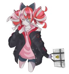 Rule 34 | 1girl, absurdres, alternate costume, bag, black jacket, bow, collarbone, colored skin, cropped legs, double bun, emblem, fencingboyhue, frilled bow, frills, fur-trimmed jacket, fur trim, grey hair, grey skin, hair bow, hair bun, hand on own chest, handbag, heterochromia, highres, holding, holding bag, hololive, hololive indonesia, hood, hoodie, jacket, kenseihue, kureiji ollie, looking to the side, messy hair, multicolored hair, open clothes, open jacket, patchwork skin, pink hoodie, pink sweater, red eyes, red hair, shorts, sign, simple background, smile, solo, stitched face, stitched torso, stitches, sweater, two-tone hair, virtual youtuber, warning sign, white background, yellow eyes