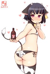 Rule 34 | 1girl, alternate costume, anal tail, animal ears, animal print, artist logo, ass, black hair, blush, bottle, butt crack, commentary request, covered erect nipples, cow ears, cow horns, cow print, cow tail, cowboy shot, dated, ear tag, fake animal ears, fake horns, fake tail, from behind, highres, horns, ishigaki (kancolle), kanon (kurogane knights), kantai collection, looking at viewer, looking back, nose blush, purple eyes, short hair, simple background, solo, standing, tail, thighhighs, white background, white thighhighs
