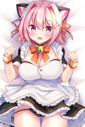 Rule 34 | 1girl, alternate costume, animal ears, apron, bad id, bad pixiv id, blush, breasts, cat ears, frills, hair between eyes, highres, kantai collection, large breasts, looking at viewer, lying, maid, maid apron, maid headdress, masayo (gin no ame), on back, open mouth, pink hair, short hair, skirt, smile, solo, tama (kancolle)