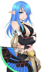 Rule 34 | 1girl, alph lyla, bare shoulders, blue eyes, blue hair, breasts, bridal gauntlets, cleavage, cleavage cutout, clothing cutout, detached sleeves, hand fan, folding fan, hair over one eye, halterneck, halterneck, highres, hip vent, long hair, looking at viewer, matching hair/eyes, midriff, navel, original, phantasy star, phantasy star online 2, pointy ears, ryou@ryou, sidelocks, simple background, smile, solo, white background
