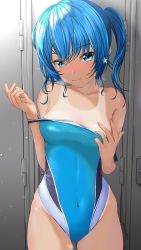 Rule 34 | 1girl, aigami kaon, blue eyes, blue hair, blue one-piece swimsuit, blush, breasts, clothes pull, commentary request, competition swimsuit, covered navel, cowboy shot, earrings, garter-velvet, highres, jewelry, locker, looking at viewer, medium breasts, nose blush, one-piece swimsuit, one-piece swimsuit pull, original, short hair, solo, standing, star (symbol), star earrings, swimsuit, tan, two-tone swimsuit