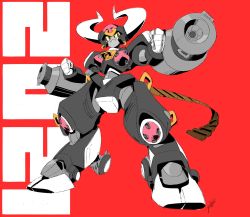 Rule 34 | 1girl, 2021, absurdres, arm cannon, chinese zodiac, clenched hands, commentary, english commentary, highres, horns, jeetdoh, mecha, no humans, original, red background, robot, science fiction, signature, solo, weapon, year of the ox, yellow eyes