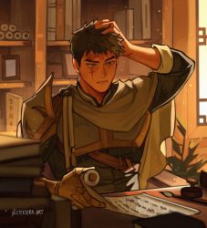 Rule 34 | 1boy, armor, book, book stack, bookshelf, brown hair, cloak, day, etceteraart, hand on own head, highres, light particles, looking at object, male focus, original, pen, plant, scar, scar across eye, scroll, short hair, sitting, sitting on object, sleeves past elbows, sleeves rolled up, solo, thick eyebrows, twitter username, window