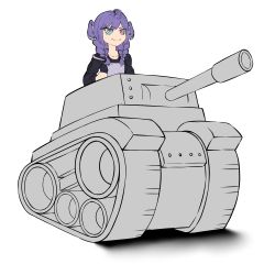 Rule 34 | 1girl, absurdres, ahoge, black outline, black sweater, blue eyes, braid, clenched hand, commentary, cxy, english commentary, hair ornament, hairclip, head wings, heterochromia, highres, looking ahead, medium hair, military, military vehicle, motor vehicle, newgrounds, nijisanji, nijisanji en, outline, purple eyes, purple hair, selen tatsuki, selen tatsuki (1st costume), shadow, simple background, smile, solo, sweater, tank, twin braids, virtual youtuber, white background, wings