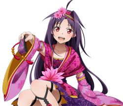 Rule 34 | 1girl, :d, ahoge, folded fan, collarbone, hand fan, flower, folding fan, hair flower, hair ornament, holding, holding fan, long hair, looking at viewer, open mouth, pink flower, pointy ears, purple hair, red eyes, sitting, smile, solo, sword art online, thigh strap, transparent background, very long hair, yuuki (sao)