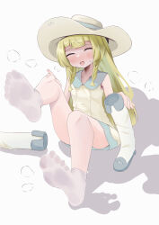 Rule 34 | 1girl, :d, absurdres, bare legs, blonde hair, blunt bangs, blush, boots, braid, closed eyes, collared dress, commentary request, commission, creatures (company), dress, facing viewer, feet, flying sweatdrops, foot focus, game freak, hat, highres, holding, holding boots, holding clothes, holding footwear, knees, lillie (pokemon), long hair, lts kakuyo, nintendo, open mouth, pokemon, pokemon sm, short dress, sitting, skeb commission, sleeveless, sleeveless dress, smile, socks, soles, solo, sweatdrop, twin braids, unworn boots, white background