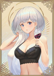 Rule 34 | 1girl, alcohol, black bra, blue eyes, bob cut, bra, breasts, cleavage, cup, drinking glass, framed image, hair between eyes, highres, holding, lace, lace bra, lingerie, medium breasts, moonandmist, navel, original, parted lips, silver hair, solo, stomach, underwear, upper body, wine, wine glass