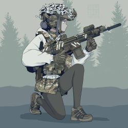 Rule 34 | 1girl, aimpoint, ammunition pouch, assault rifle, black hair, black pantyhose, boots, brown footwear, camouflage, etmc1992, flashlight, fn scar, from side, gloves, gun, hair bun, headset, helmet, highres, holding, holding gun, holding weapon, jacket, knife, laser sight, magazine (weapon), optical sight, original, pantyhose, peq, bulletproof vest, pouch, rifle, short hair, short shorts, shorts, simple background, tactical clothes, tree, trigger discipline, weapon, white jacket