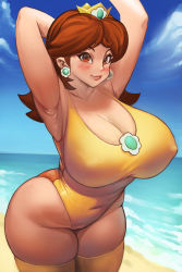 Rule 34 | 1girl, alternate eye color, arm up, armpits, arms behind head, athletic leotard, bare arms, beach, blush, breasts, brooch, brown hair, cleavage, closed mouth, collarbone, covered erect nipples, covered navel, crown, curvy, earrings, eyelashes, flipped hair, flower earrings, gakibaki, highres, horizon, jewelry, large breasts, legs together, leotard, lips, looking at viewer, mario &amp; sonic at the london 2012 olympic games, mario &amp; sonic at the olympic games, mario (series), medium hair, nintendo, ocean, orange eyes, orange leotard, outdoors, parted bangs, princess daisy, skindentation, smile, solo, taut clothes, taut leotard, thighhighs, thighs, water, yellow leotard, yellow thighhighs