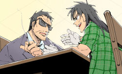 Rule 34 | 2boys, black eyes, black hair, black jacket, chair, cigarette, collared shirt, commentary request, endou yuuji, facial hair, facial scar, formal, from below, gloves, goatee, green shirt, holding, holding cigarette, inudori, itou kaiji, jacket, kaiji, long hair, looking at another, male focus, medium bangs, multiple boys, open mouth, plaid, plaid shirt, scar, scar on cheek, scar on face, shirt, short bangs, short hair, short sleeves, smile, suit, sunglasses, table, upper body, very short hair, white gloves, white shirt