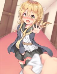 Rule 34 | &gt;:o, 1girl, :o, admiral (kancolle), bad id, bad twitter id, black skirt, black thighhighs, blonde hair, blue jacket, blurry, blurry foreground, blush, commentary, crescent, crescent pin, depth of field, hallway, hcci pcci, highres, holding, holding clothes, holding panties, holding underwear, indoors, jacket, kantai collection, long hair, long sleeves, neckerchief, panties, satsuki (kancolle), school uniform, serafuku, skirt, solo focus, tearing up, thighhighs, twintails, underwear, unworn panties, v-shaped eyebrows, yellow eyes, yellow neckerchief