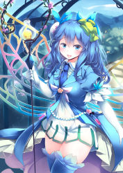 Rule 34 | 1girl, :d, absurdres, aromaseraphy rosemary, blue eyes, blue hair, blue necktie, blue thighhighs, blush, commentary, duel monster, elbow gloves, flower, gloves, hair between eyes, highres, holding, holding staff, kanzakietc, long hair, looking at viewer, necktie, open mouth, outdoors, smile, solo, staff, thighhighs, white gloves, wings, yu-gi-oh!
