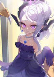 Rule 34 | 1girl, 1other, absurdres, bare shoulders, black halo, black horns, blue archive, blue dress, closed mouth, collarbone, dress, elbow gloves, gloves, halo, highres, hina (blue archive), hina (dress) (blue archive), horange, horns, jewelry, looking at viewer, medium hair, necklace, official alternate costume, pov, purple eyes, purple gloves, smile, solo, solo focus, twitter username, white hair, wings