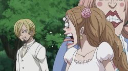 Rule 34 | 1girl, animated, animated gif, blush, breasts, brown eyes, brown hair, charlotte chiffon, charlotte pudding, dress, female focus, forest, grass, happy, large breasts, long hair, looking back, nature, one piece, sanji (one piece), siblings, sisters, twintails, wedding dress