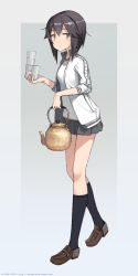 Rule 34 | 10s, 1girl, 2015, artist name, astg, bad id, bad twitter id, black hair, cup, full body, gradient background, grey eyes, grey skirt, gym shirt, hair between eyes, hayasui (kancolle), holding, jacket, kantai collection, kneehighs, loafers, long sleeves, microskirt, open clothes, open jacket, pleated skirt, shirt, shoes, short hair, skirt, sleeves pushed up, socks, solo, teapot, track jacket, walking, watermark, web address, white shirt