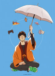 Rule 34 | 1boy, artist name, black pants, blue background, book, brown hair, commentary, commission, controller, crocs, english commentary, facial hair, food, full body, game controller, gatoiberico, green footwear, highres, holding, holding umbrella, indian style, long sleeves, looking up, male focus, mob psycho 100, mustache, omelet, omurice, pants, serizawa katsuya, short hair, simple background, sitting, smile, solo, stubble, ufo, umbrella