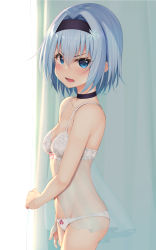 Rule 34 | 1girl, bare arms, bare shoulders, black choker, black hairband, blue eyes, blue hair, blush, bow, bow bra, bow panties, bra, breasts, choker, cleavage, collarbone, commentary, cowboy shot, groin, hair between eyes, hairband, highres, looking at viewer, mottsun (i 40y), navel, open mouth, panties, ryuuou no oshigoto!, small breasts, solo, sora ginko, transparent, underwear, underwear only, v-shaped eyebrows, white bra, white panties