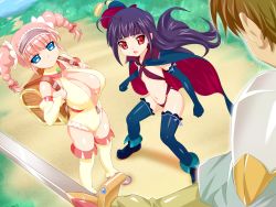 Rule 34 | 1boy, 2girls, armor, blue eyes, boots, breasts, cape, censored, cleavage, flat chest, futawitch, highres, huge breasts, long hair, midriff, multiple girls, open mouth, penis, pink hair, potato house, purple hair, red eyes, sword, thighhighs, weapon