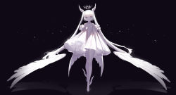 Rule 34 | 1girl, absurdres, ankle wings, blue eyes, crown, dress, floating, floating object, hair wings, hatsune miku, head wings, highres, long hair, mini wings, reflection, simple background, solo, twintails, very long hair, vocaloid, white dress, white hair, white legwear, white theme, white wings, wings, yoggi (stretchmen)