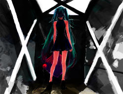 Rule 34 | 1girl, arm at side, arm behind back, backlighting, bad id, bad pixiv id, black dress, can, creepy, dirt floor, dress, gas can, gas mask, gasoline, green hair, hatsune miku, holding, holding can, horror (theme), indoors, legs, long hair, mask, mitsui, room, short dress, sleeveless, sleeveless dress, solo, surreal, twintails, very long hair, vocaloid, yamaha