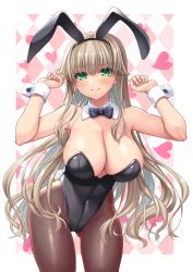 Rule 34 | 1girl, animal ears, black bow, black bowtie, black leotard, black pantyhose, blonde hair, bow, bowtie, breasts, cleavage, commentary request, cowboy shot, detached collar, gluteal fold, green eyes, large breasts, leaning forward, leotard, looking at viewer, minase (dragon panda), original, pantyhose, playboy bunny, rabbit ears, rabbit tail, solo, standing, strapless, strapless leotard, tail, wrist cuffs