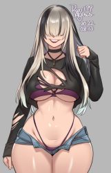 Rule 34 | 1girl, agawa ryou, arm at side, artist name, bikini, bikini under clothes, black choker, black hair, black shirt, blunt bangs, breasts, choker, cleavage, commentary, covered eyes, cowboy shot, crop top, dated, denim, denim shorts, english commentary, grey background, grey hair, grin, groin, hair over eyes, hand up, hands in hair, highleg, highleg bikini, jewelry, large breasts, linea alba, long hair, micro shorts, multicolored hair, navel, necklace, numbered, open fly, original, purple bikini, red lips, shirt, shorts, simple background, sleeves past wrists, smile, solo, straight hair, swimsuit, torn clothes, torn shirt, two-tone hair, wide hips