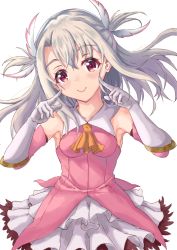 Rule 34 | 1girl, ascot, bare shoulders, blonde hair, c:, commentary, dress, elbow gloves, fate/kaleid liner prisma illya, fate (series), feather hair ornament, feathers, gloves, hair ornament, head tilt, illyasviel von einzbern, laurier, long hair, looking at viewer, magical girl, pink dress, pointing, pointing at self, prisma illya, red eyes, sleeveless, sleeveless dress, smile, solo, two side up, white gloves
