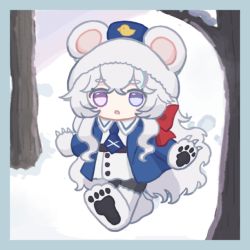Rule 34 | 1girl, :o, animal ears, arknights, bear ears, bear paws, blue eyes, blue jacket, blue necktie, chibi, collared shirt, duck print, footprints, full body, hair ribbon, hat, heterochromia, jacket, long hair, long sleeves, necktie, open mouth, outstretched hand, purple eyes, ribbon, rosa (arknights), shirt, sidelocks, snow, solo, someyaya, very long hair, walking, white hair
