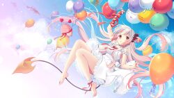 Rule 34 | 1girl, :o, arm ribbon, arm up, balloon, bare shoulders, barefoot, blue sky, bow, breasts, cloud, commentary request, cone hair bun, day, demon tail, dress, floating hair, gradient hair, grey hair, hair bun, highres, holding, holding balloon, honey strap, knees together feet apart, kusumoto shizuru, lace, lace-trimmed dress, lace trim, long hair, medium breasts, multicolored hair, nanashi inc., outdoors, parted lips, pink hair, red bow, red eyes, red ribbon, ribbon, sky, sleeveless, sleeveless dress, solo, suou patra, tail, very long hair, virtual youtuber, white dress