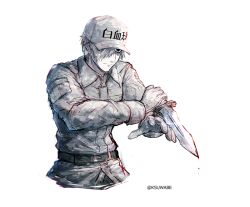 Rule 34 | 10s, 1boy, belt, black eyes, closed mouth, collared jacket, colored skin, commentary request, cowboy shot, gloves, grey jacket, hair over one eye, hat, hataraku saibou, holding, holding knife, holding weapon, jacket, k-suwabe, knife, long sleeves, male focus, one eye covered, peaked cap, simple background, solo, standing, twitter username, u-1146, weapon, white background, white blood cell (hataraku saibou), white gloves, white skin