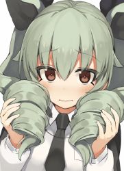 Rule 34 | 10s, 1girl, anchovy (girls und panzer), anzio school uniform, black necktie, black ribbon, blush, brown eyes, cape, closed mouth, collared shirt, drill hair, girls und panzer, green hair, hair between eyes, hair ribbon, highres, holding, holding own hair, long hair, long sleeves, looking at viewer, necktie, ribbon, school uniform, seramikku, shirt, solo, twin drills, twintails, wavy mouth, white shirt, wing collar