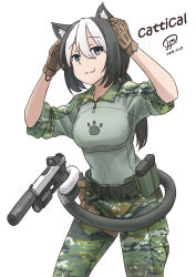 Rule 34 | 1girl, :3, animal ears, artist name, belt, black belt, black hair, blue eyes, brown gloves, camouflage, cat ears, cat girl, cat tail, closed mouth, commentary, dated, english commentary, english text, glock, gloves, green pants, green shirt, gun, hair tie, handgun, highres, holding, holding ears, holding gun, holding weapon, holding with tail, jpc, long sleeves, looking at viewer, medium hair, military, military uniform, original, pants, paw print, ponytail, pouch, prehensile tail, shirt, signature, simple background, sleeves rolled up, smile, solo, standing, tail, uniform, utility belt, weapon, white background, white hair