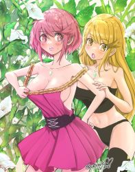 Rule 34 | 2girls, alternate costume, bare shoulders, black panties, blonde hair, breasts, chest jewel, dress, highres, large breasts, multiple girls, mythra (xenoblade), open mouth, panties, pyra (xenoblade), red eyes, red hair, shirt tug, skirt, sofusan1526, strapless, tube top, underwear, xenoblade chronicles (series), xenoblade chronicles 2, yellow eyes
